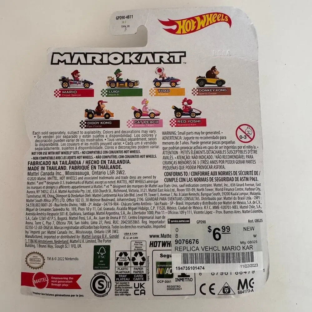 Hot Wheels Mario Kart Red Yoshi and Mario Circuit Special Die-Cast Car NEW